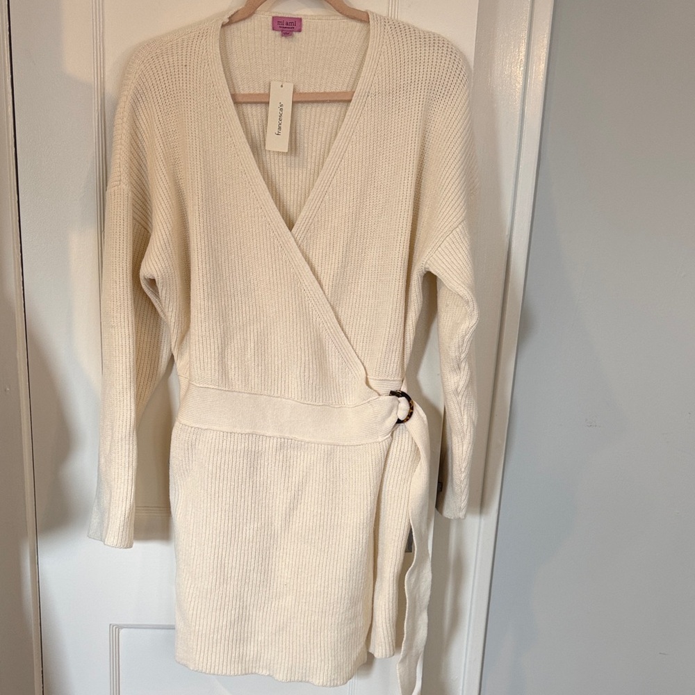 Francesca’s Cream Wrap Sweater Dress